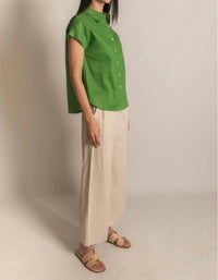 P.CILL Linen Relaxed Short Sleeve Button Up Shirt in grass - women's shirt - alternate view