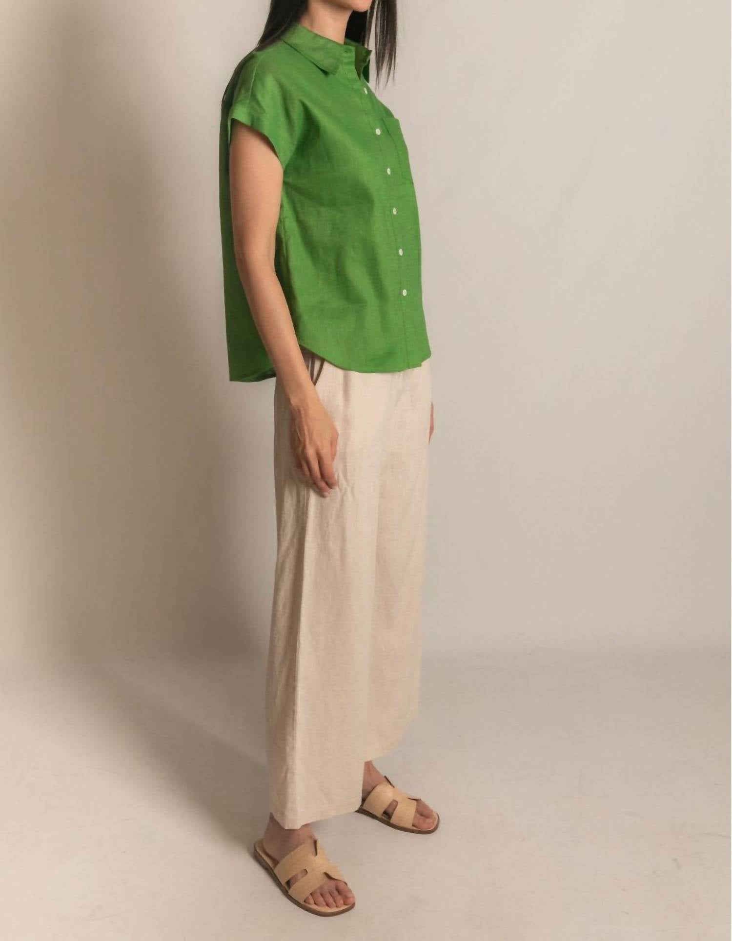 P.CILL Linen Relaxed Short Sleeve Button Up Shirt in grass - women's shirt - alternate view