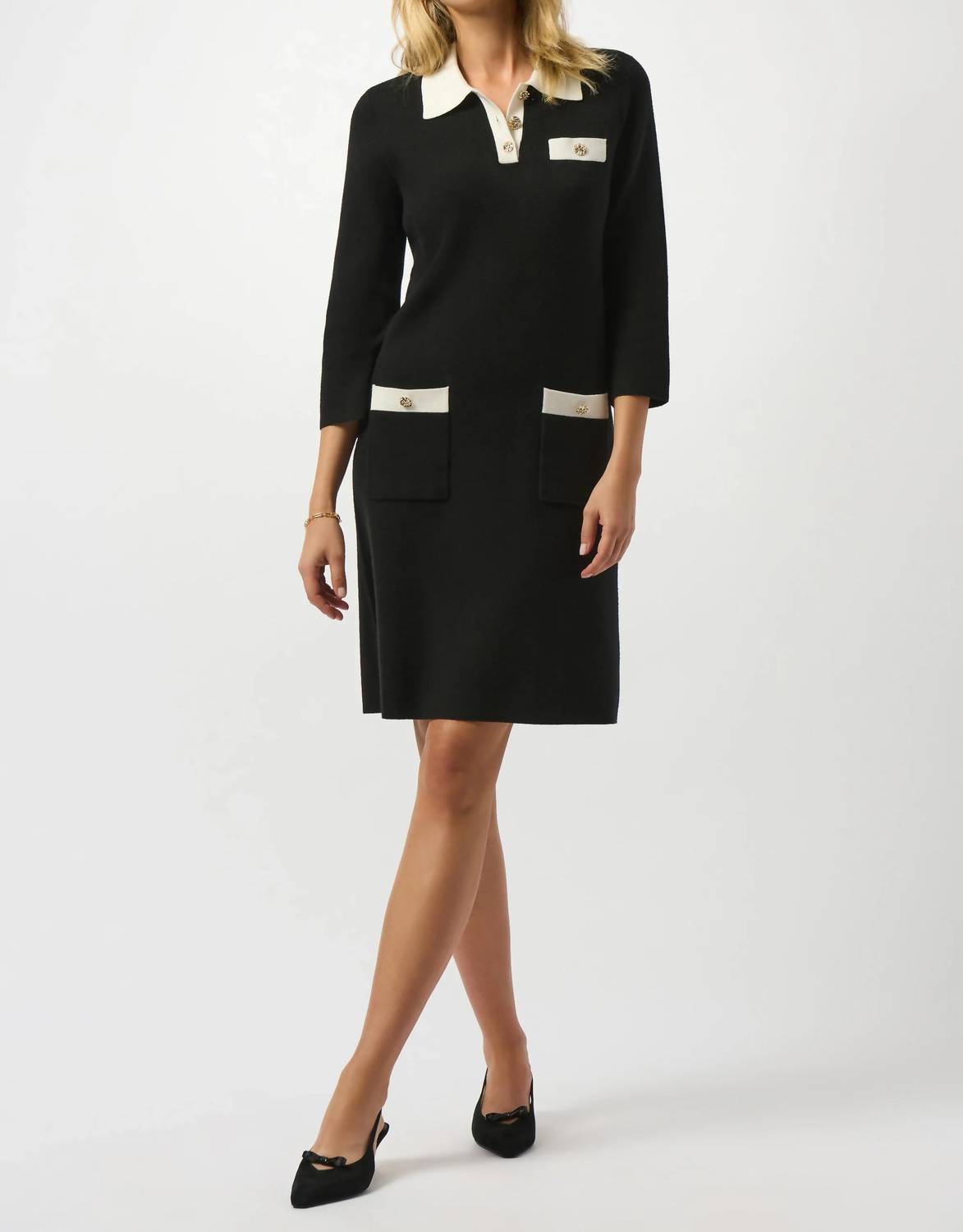 Joseph Ribkoff - Contrast Shirt Collar Knit Midi Dress