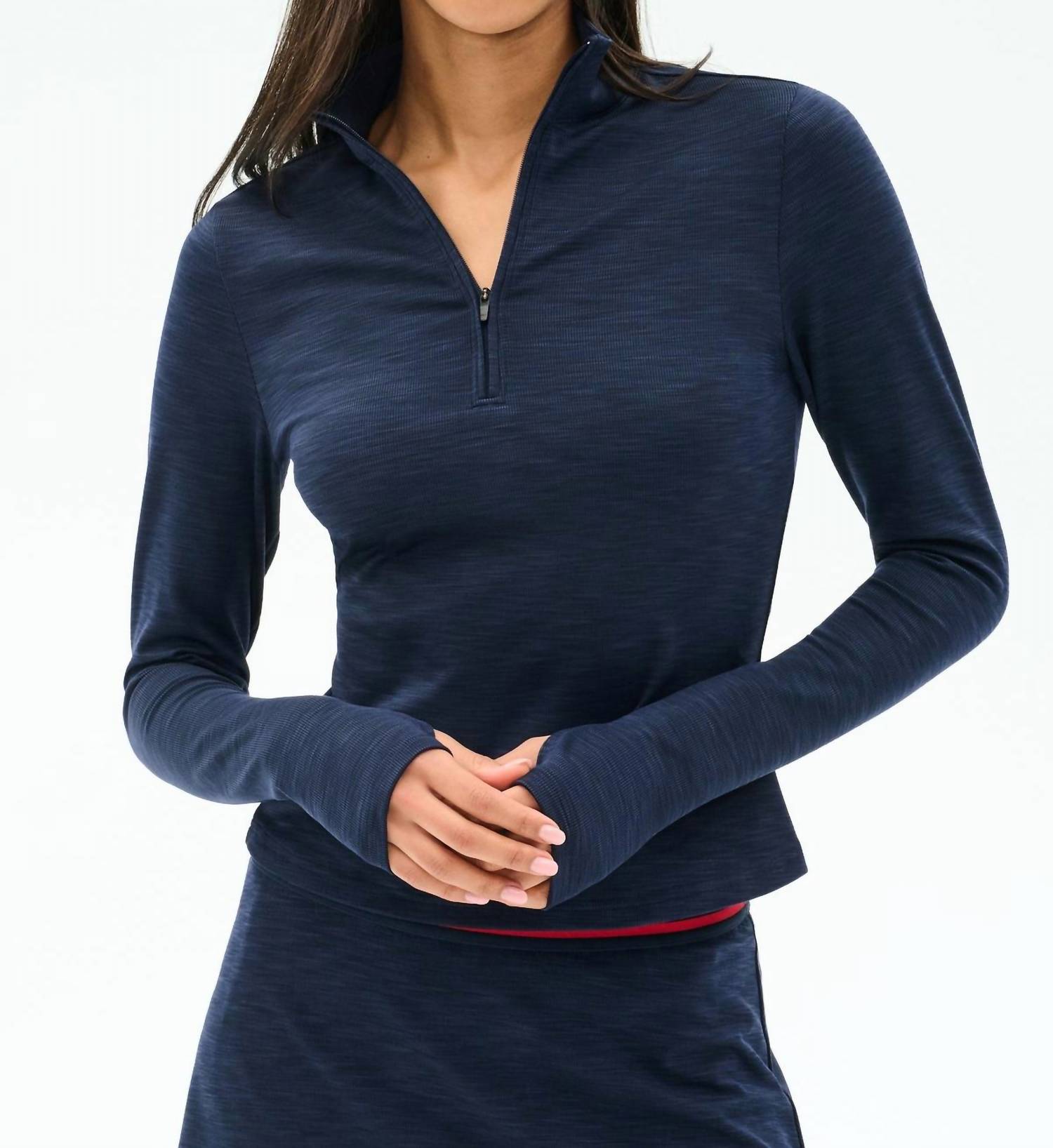 SPLITS59 Stevie Active Rib Half Zip Waist Length Top in heather indigo - women's long sleeve top