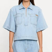 KIVARI Avery Denim Top in dusty blue - women's t-shirt