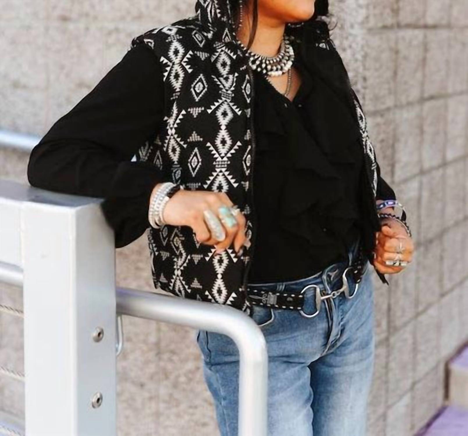 Lucky & Blessed Outlaw Aztec Vest in black - women's jacket