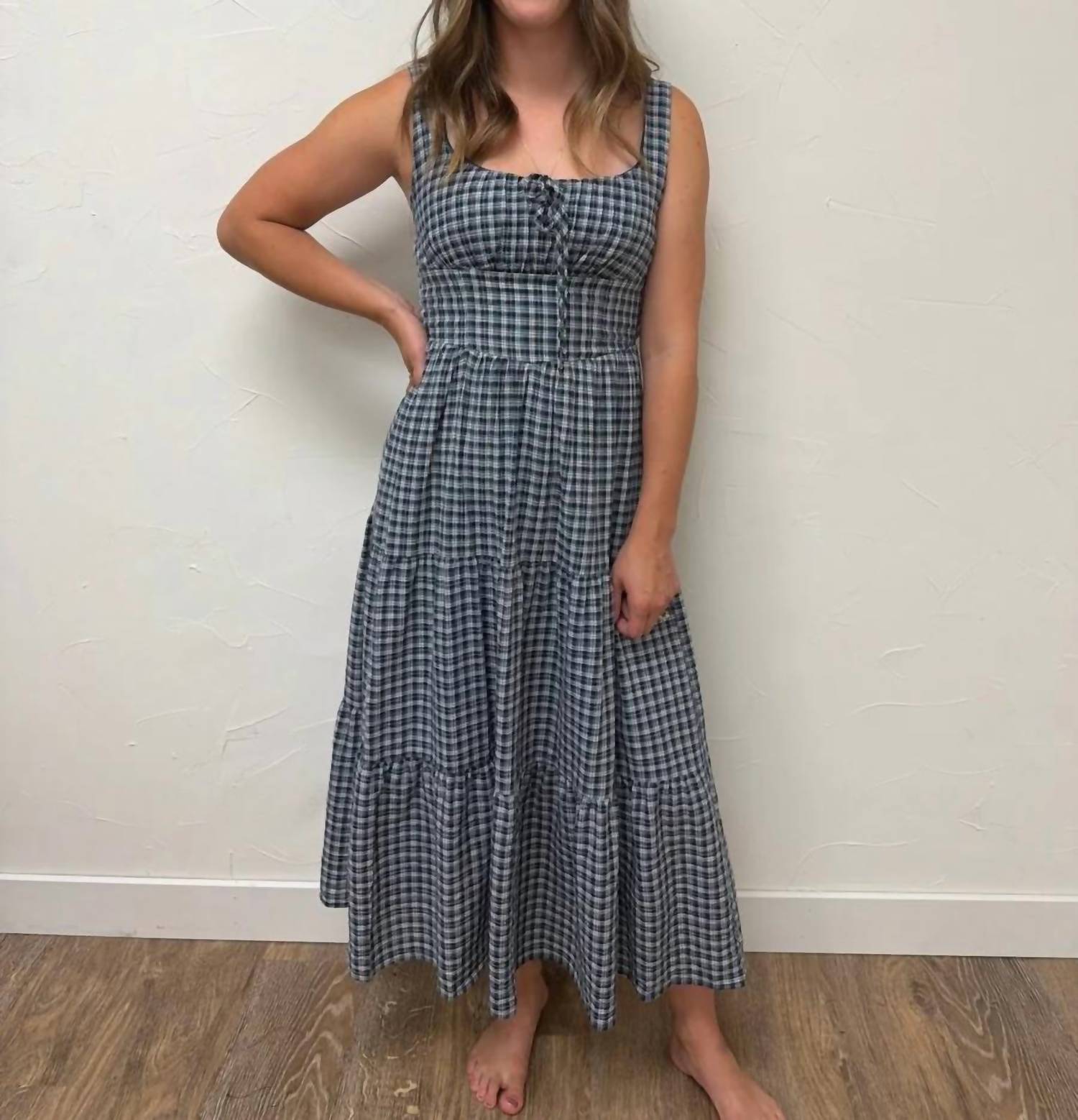 Blu Pepper - Plaid Front Tie Corset Detail Midi Dress