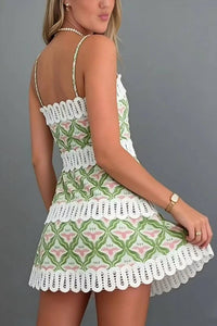 Sundayup - Christina Geometric Lace-trim Boho Mini Dress