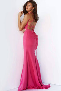 Jovani - Lace-up Back High Slit Dress