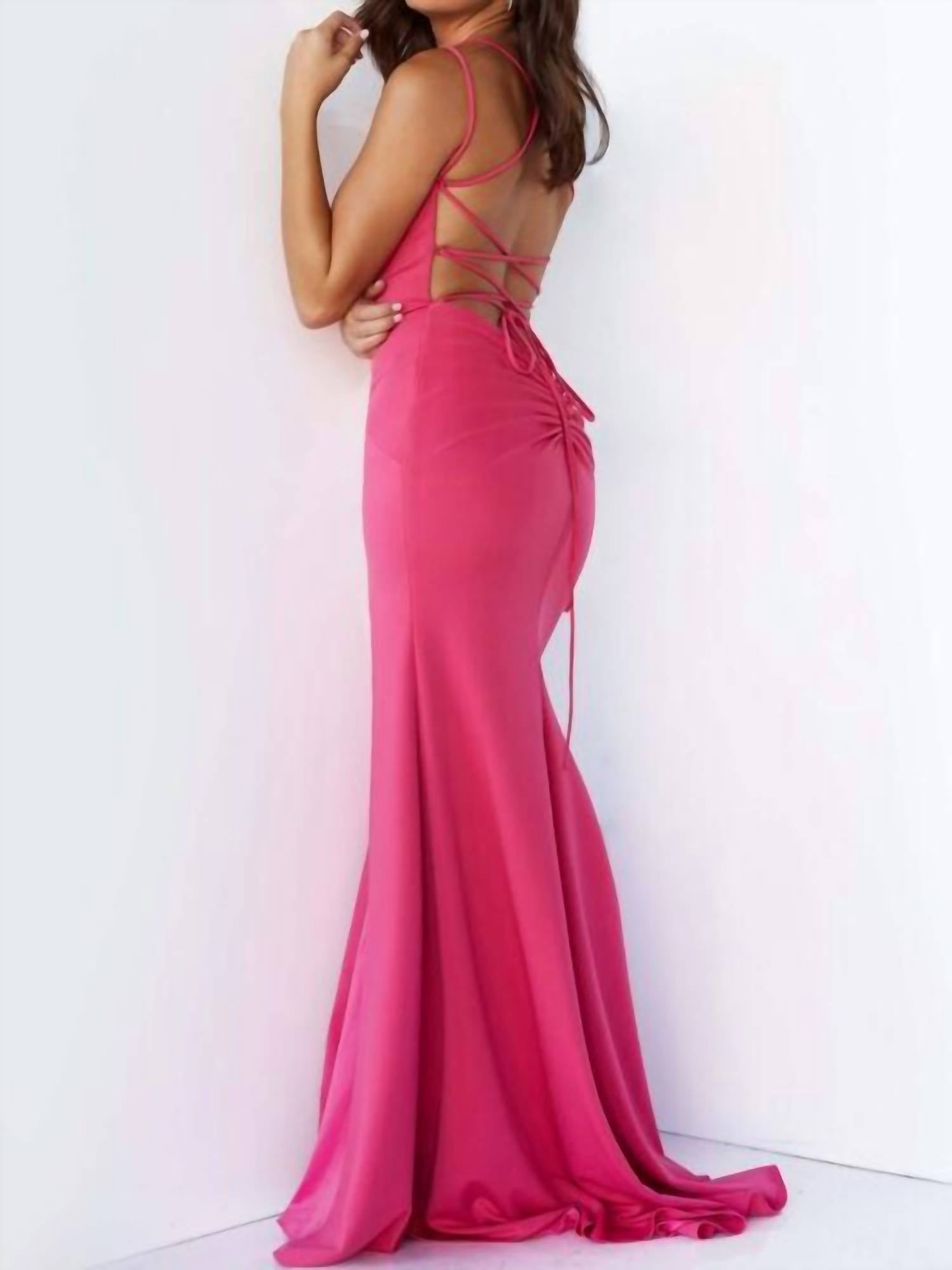 Jovani - Lace-up Back High Slit Dress