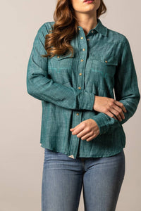 Kimes Ranch Lacy Button Down Shirt in dark teal - women's long sleeve top - detail view