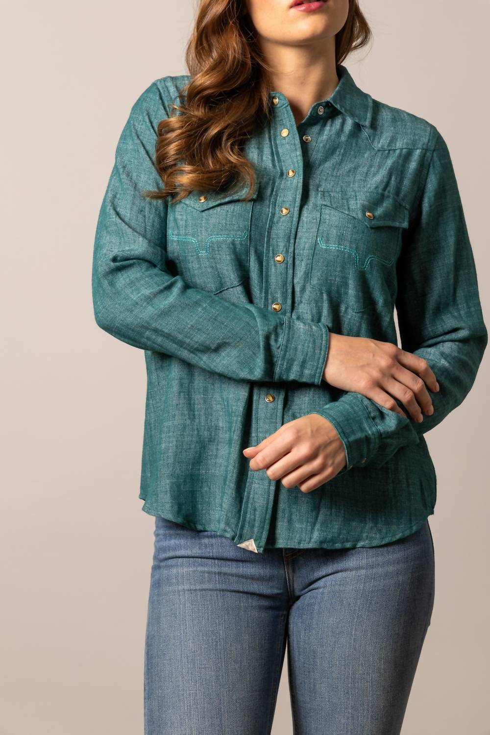 Kimes Ranch Lacy Button Down Shirt in dark teal - women's long sleeve top - detail view