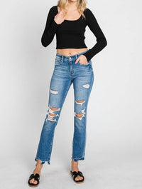 Petra - Mid Rise Slim Straight Distressed Jean