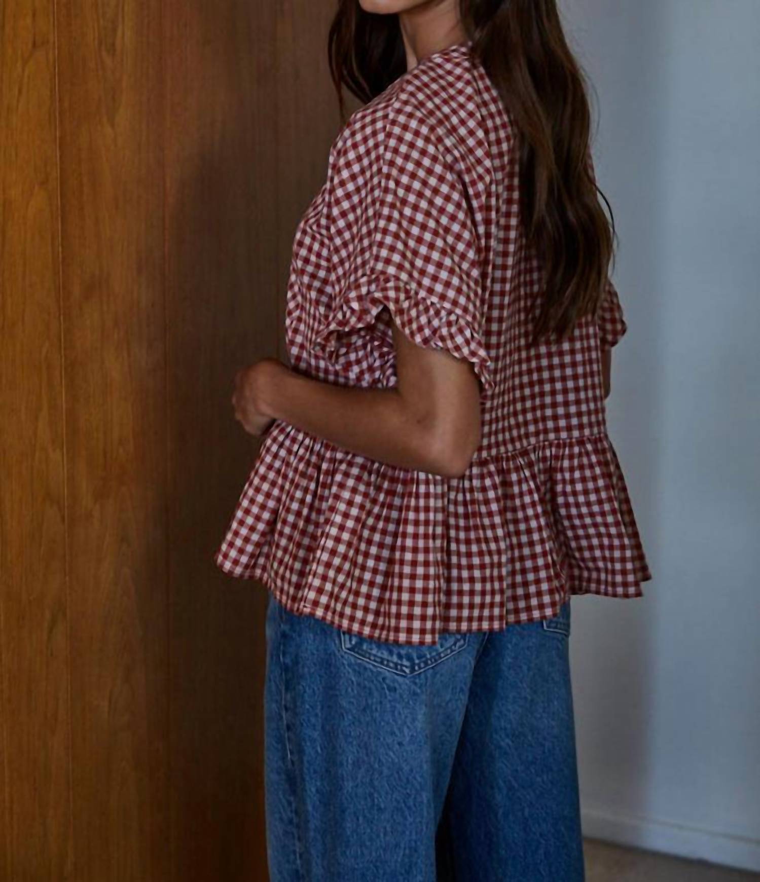 By Together Sayler Ruffle Top in red ivory gingham - women's blouse - alternate view