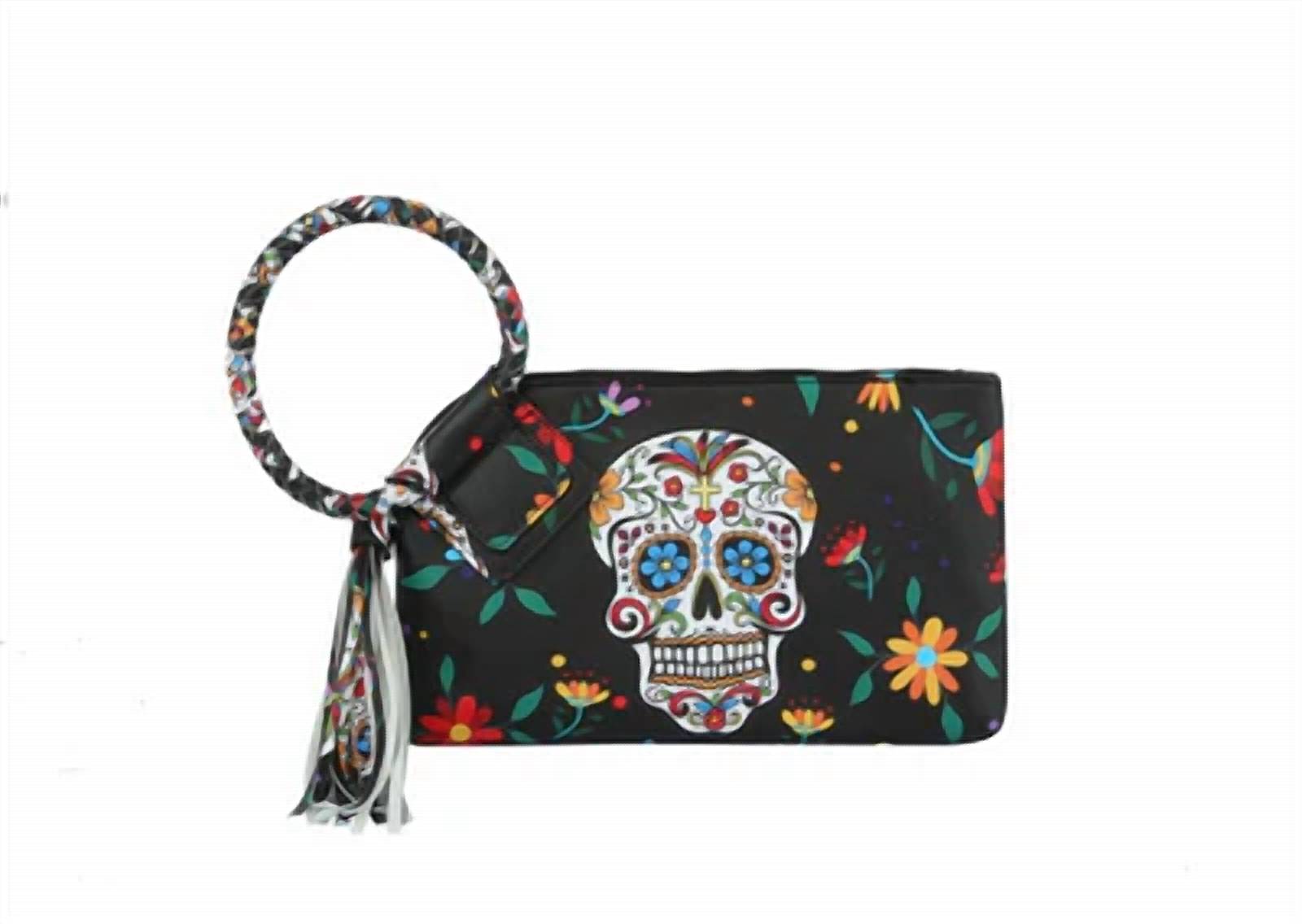 Mimi Wholesale - Women's Day Of The Dead Sugar Skull Vegan Leather Wristlet Clutch