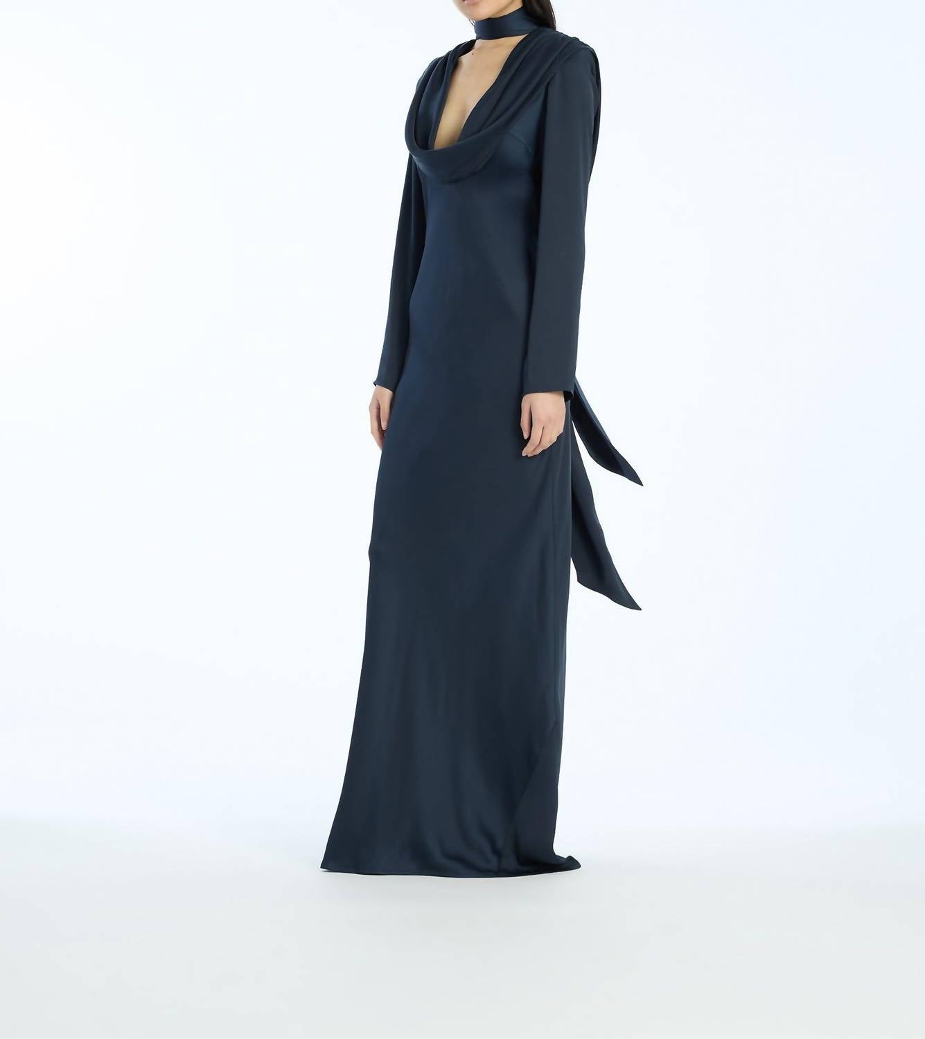 ROTATE Satin Maxi Drapy Dress in sky captain dark blue - women's dress