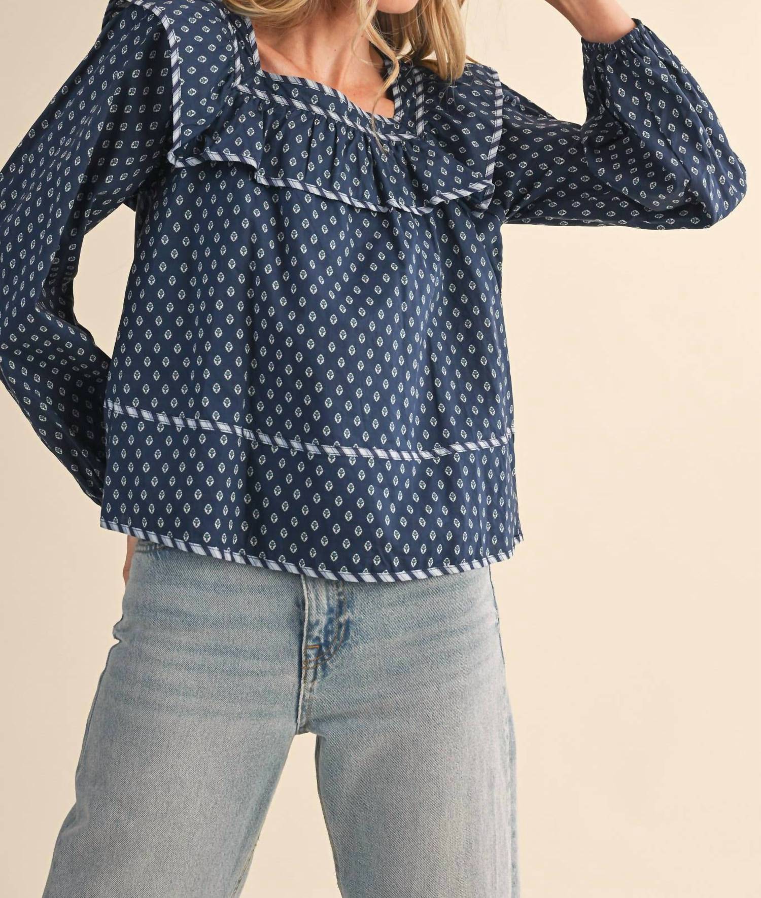 &merci Baby Doll Square Neck Blouse in navy - women's blouse - detail view