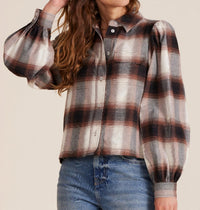 bobi Crop Puff Sleeve With Pocket Shirt in brown plaid - women's shirt - detail view