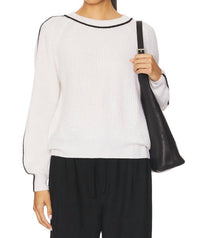 Autumn Cashmere Shaker Crew With Contrast Piping Sweater Top in chalk combo - women's sweater