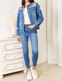 Baeful - Floral Distressed Raw Hem Denim Jacket