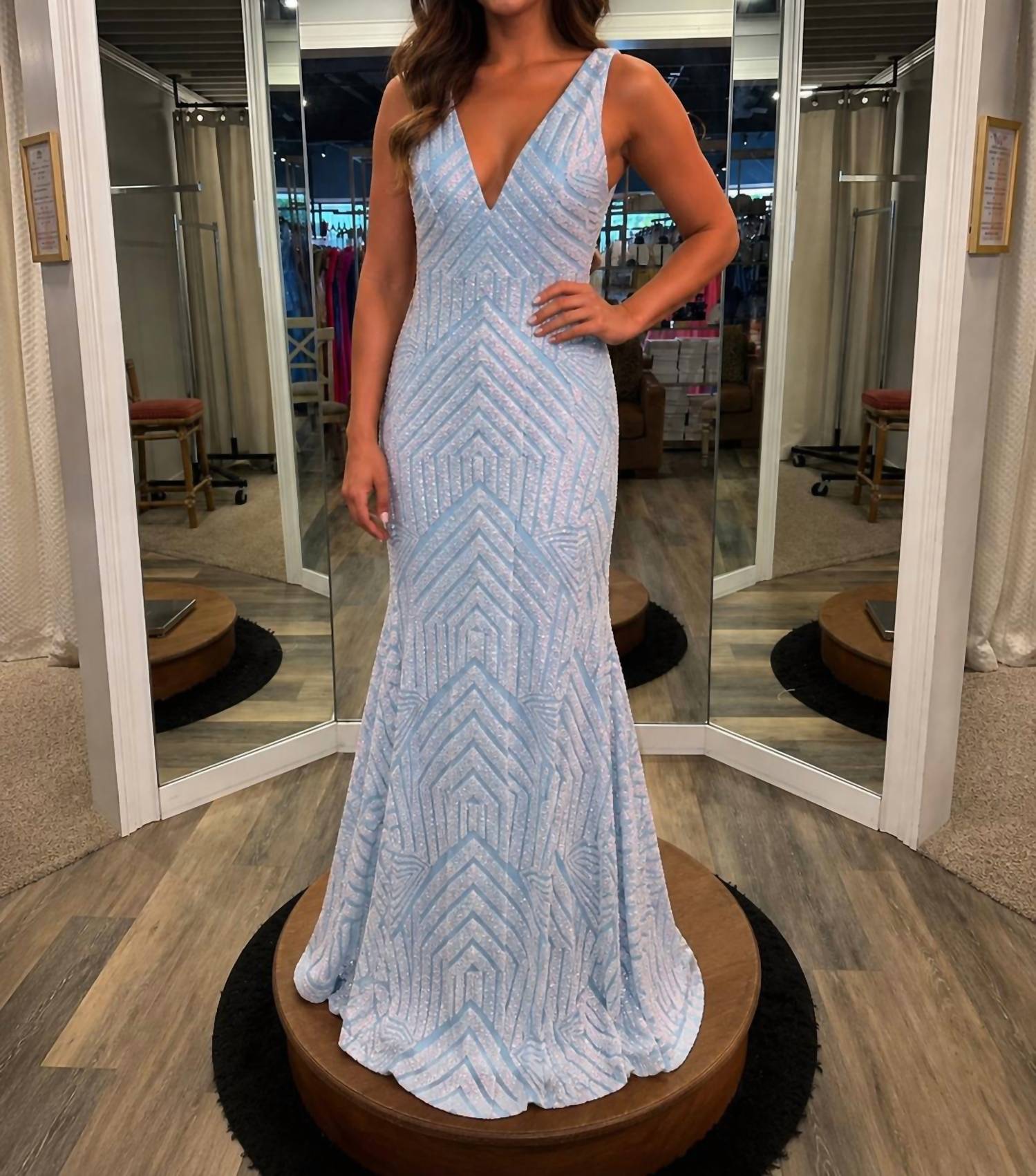 Jovani - V Neck Sheath Sequin Prom Dress