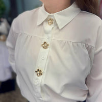 Rosa Clothing - Flower Metal Charm Button Up Loose Blouse