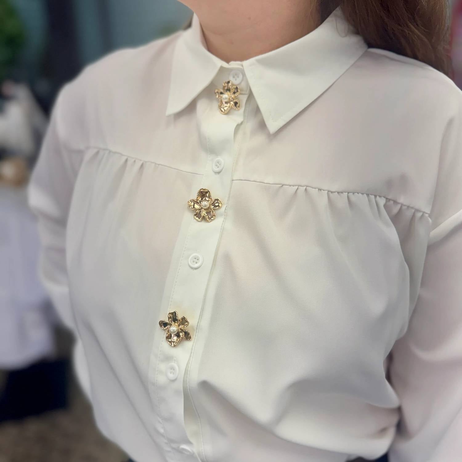 Rosa Clothing - Flower Metal Charm Button Up Loose Blouse
