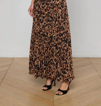 L'Agence Torin Pleated Skirt in brown multi amur leopard - women's skirt - detail view