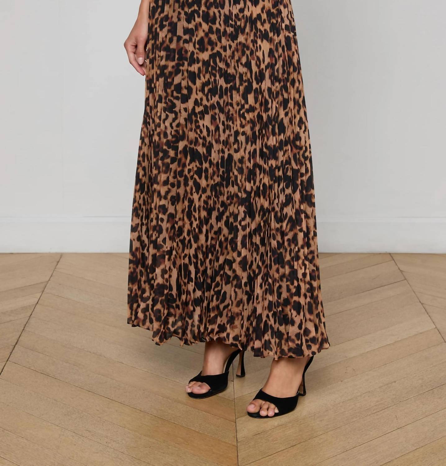 L'Agence Torin Pleated Skirt in brown multi amur leopard - women's skirt - detail view