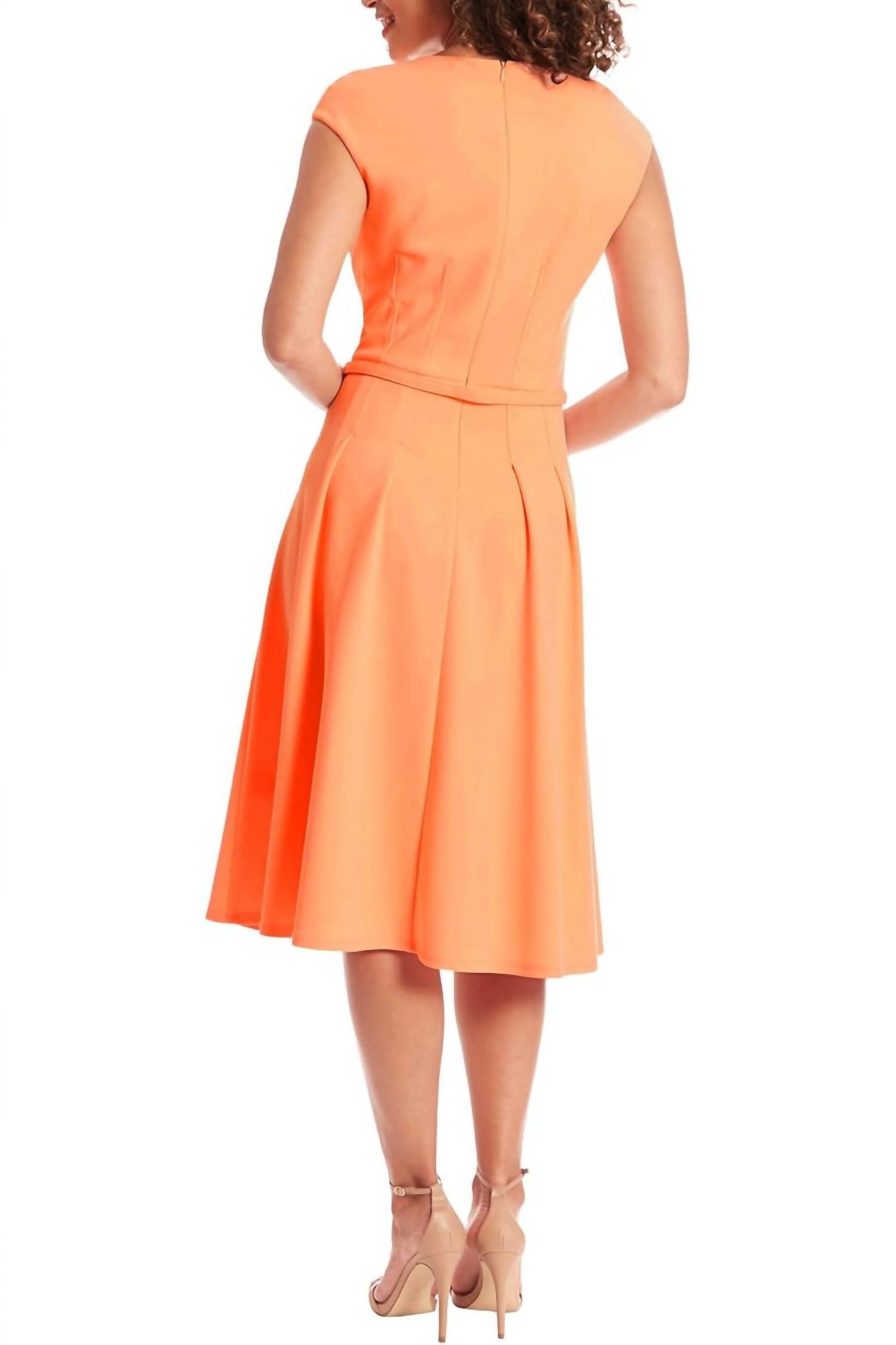 London Times - V-neck Tucked Midi With Belt Dress