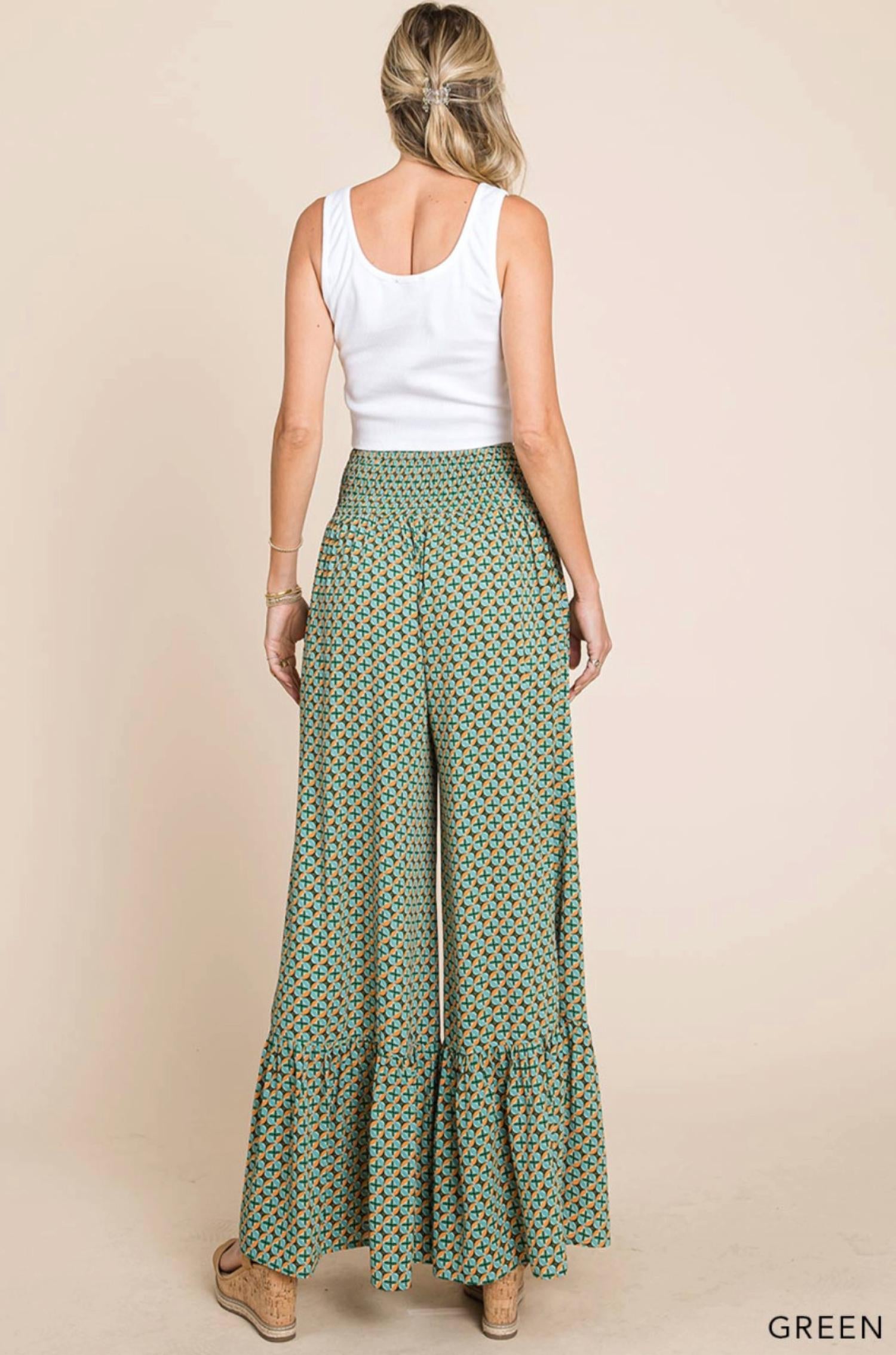 Cotton Bleu Flowy Wide Leg Pants in green mustard - women's pants - alternate view