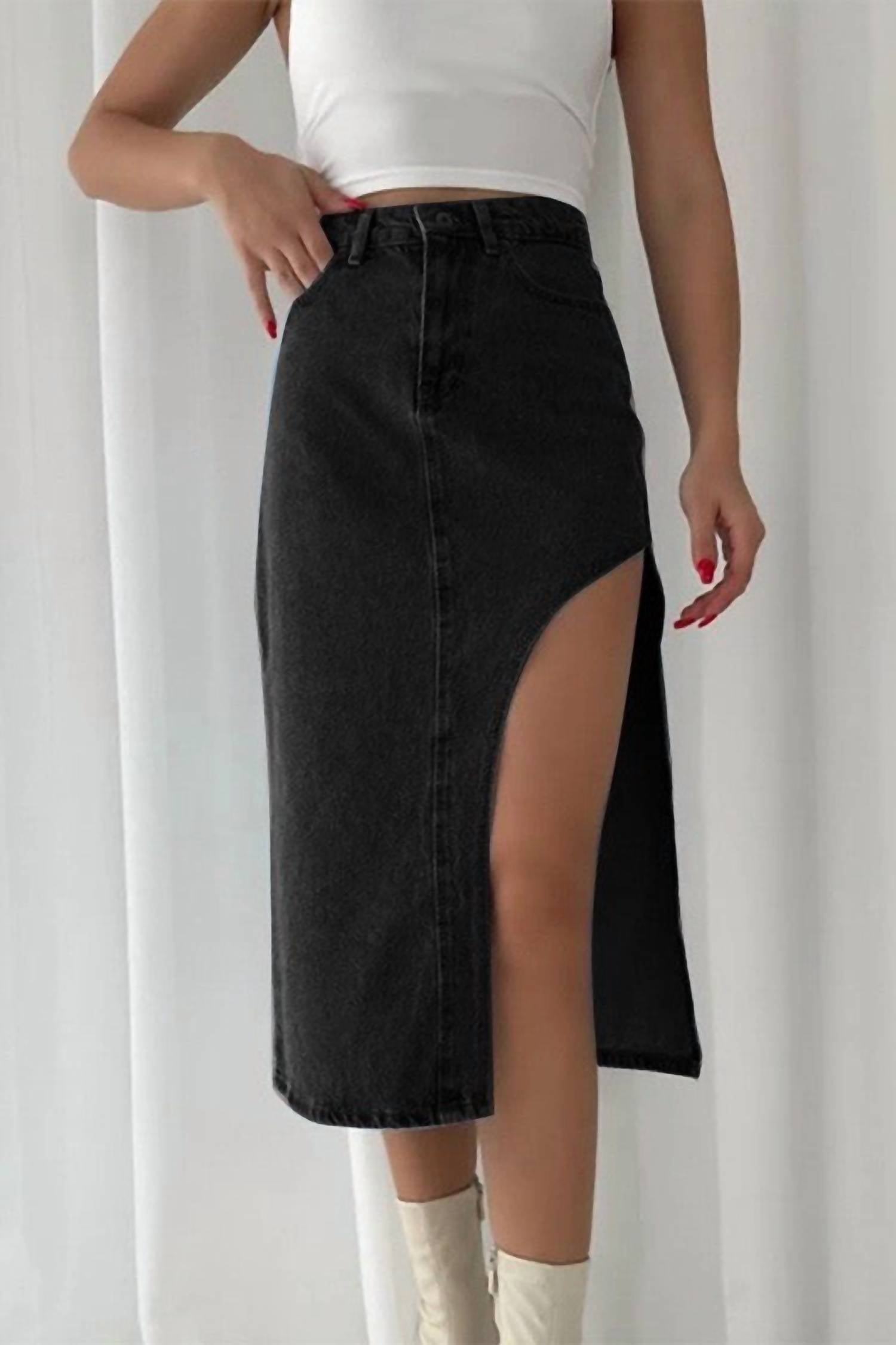 Miss Sparkling - Women's Thigh Slit Denim Skirt