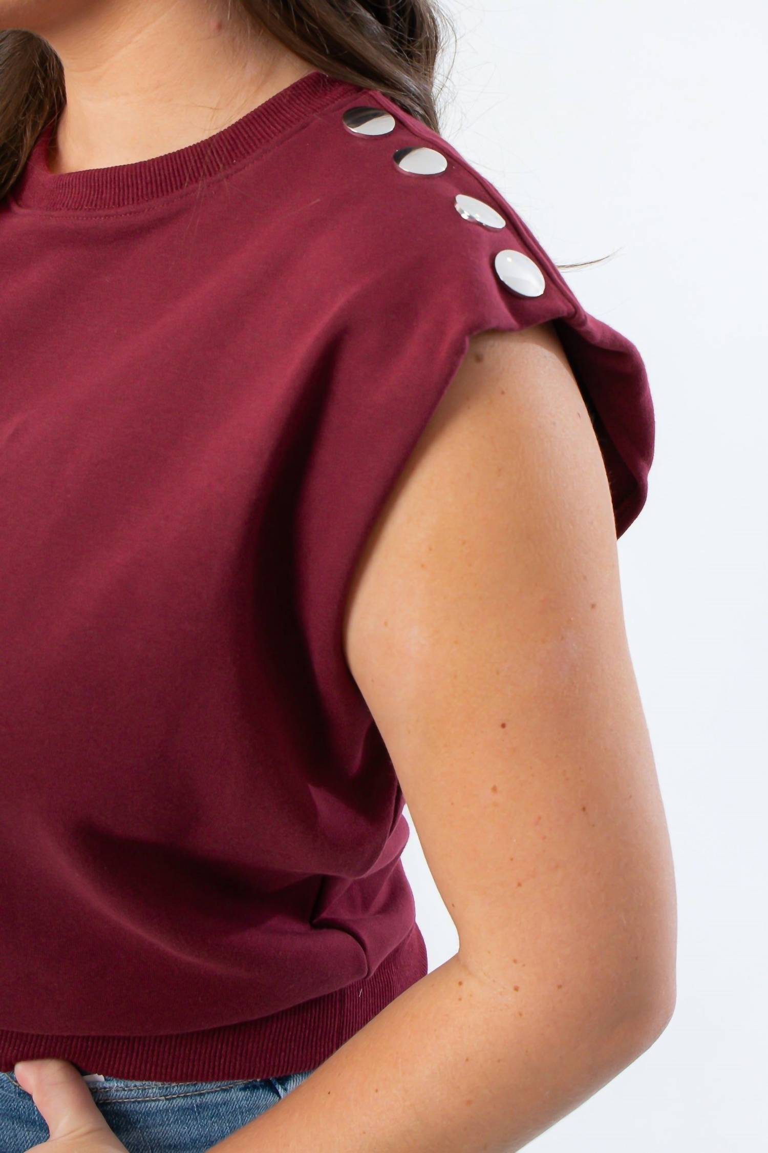 THML Studded Sleeveless Top in burgundy - women's blouse - detail view