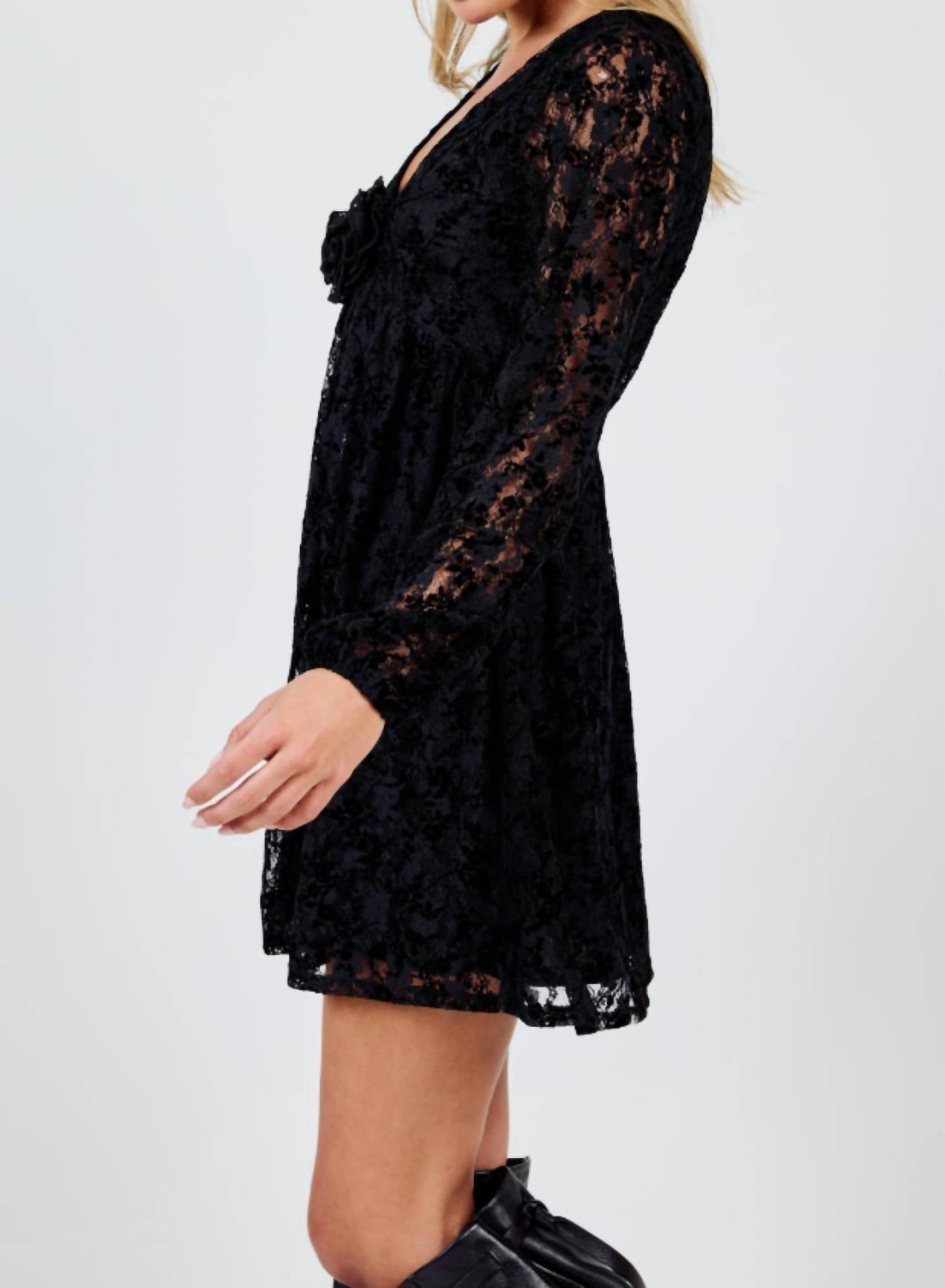 Sadie & Sage - At Dusk V Neck Mini Dress With Flower Detail