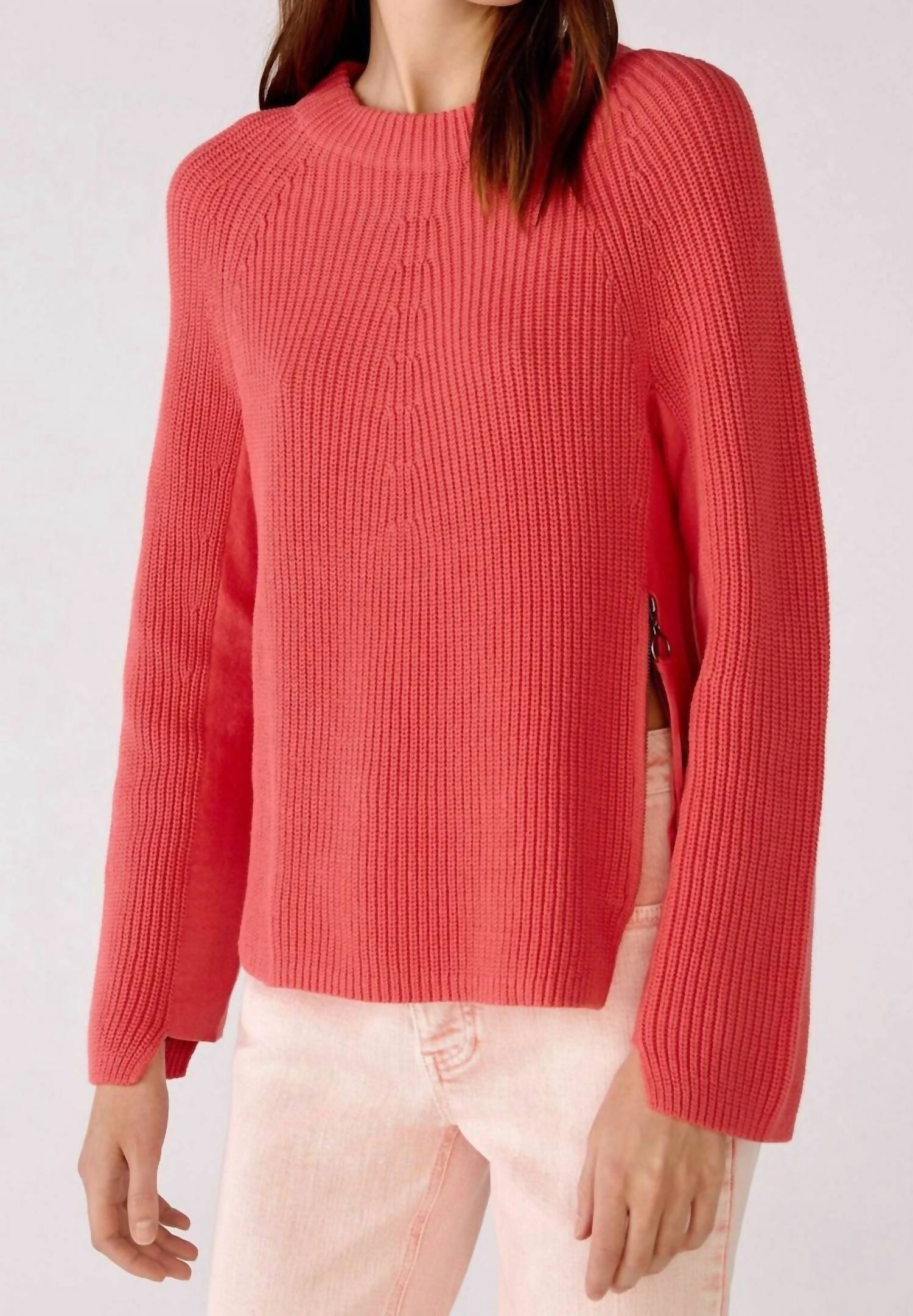 Oui Crew Neck Open-back Ribbon Tie Knit Pullover Jumper in pink orange - women's long sleeve top