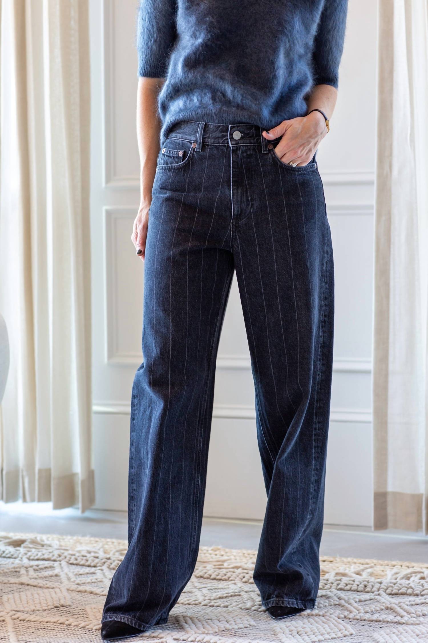 House of Dagmar Baggy Fit Stripe Denim Jeans in black - women's jeans