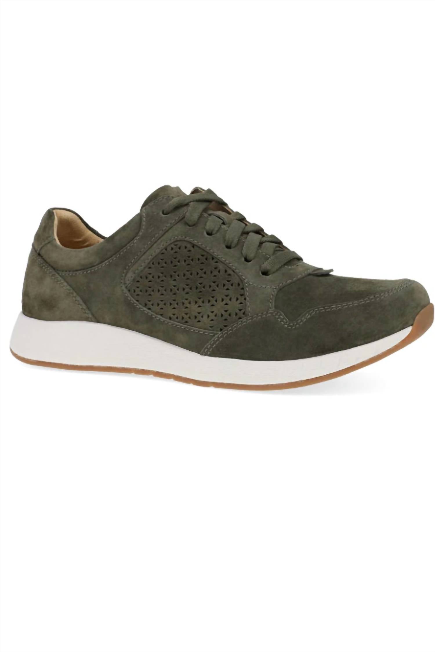 dansko Women's Catie Suede Sneakers in olive suede - women's sneaker - detail view