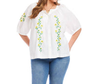 Karen Kane Puff Sleeve Embroidered Peasant Top - Plus in off white - women's t-shirt