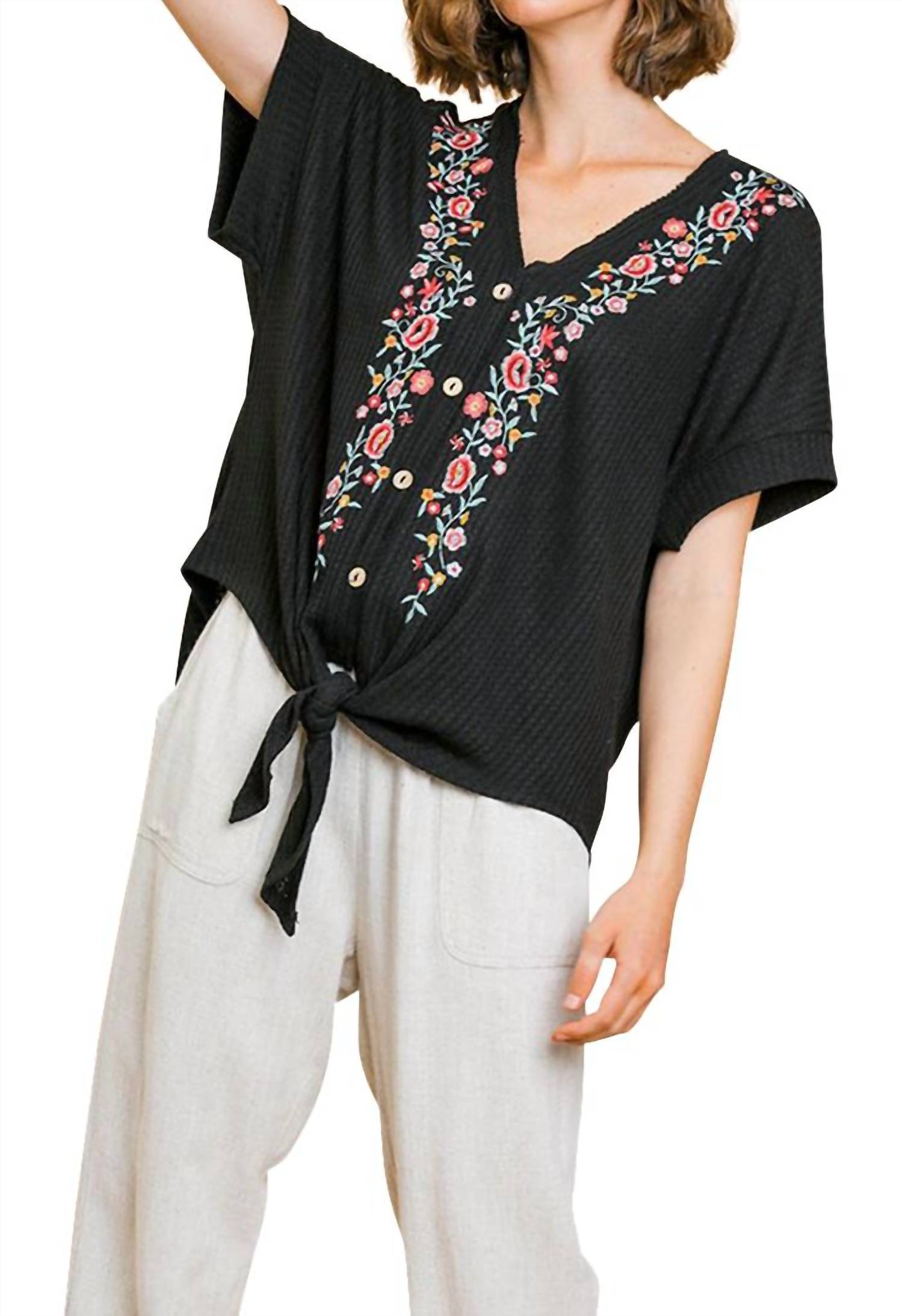 Umgee - Floral Embroidered Waffle Knit Top