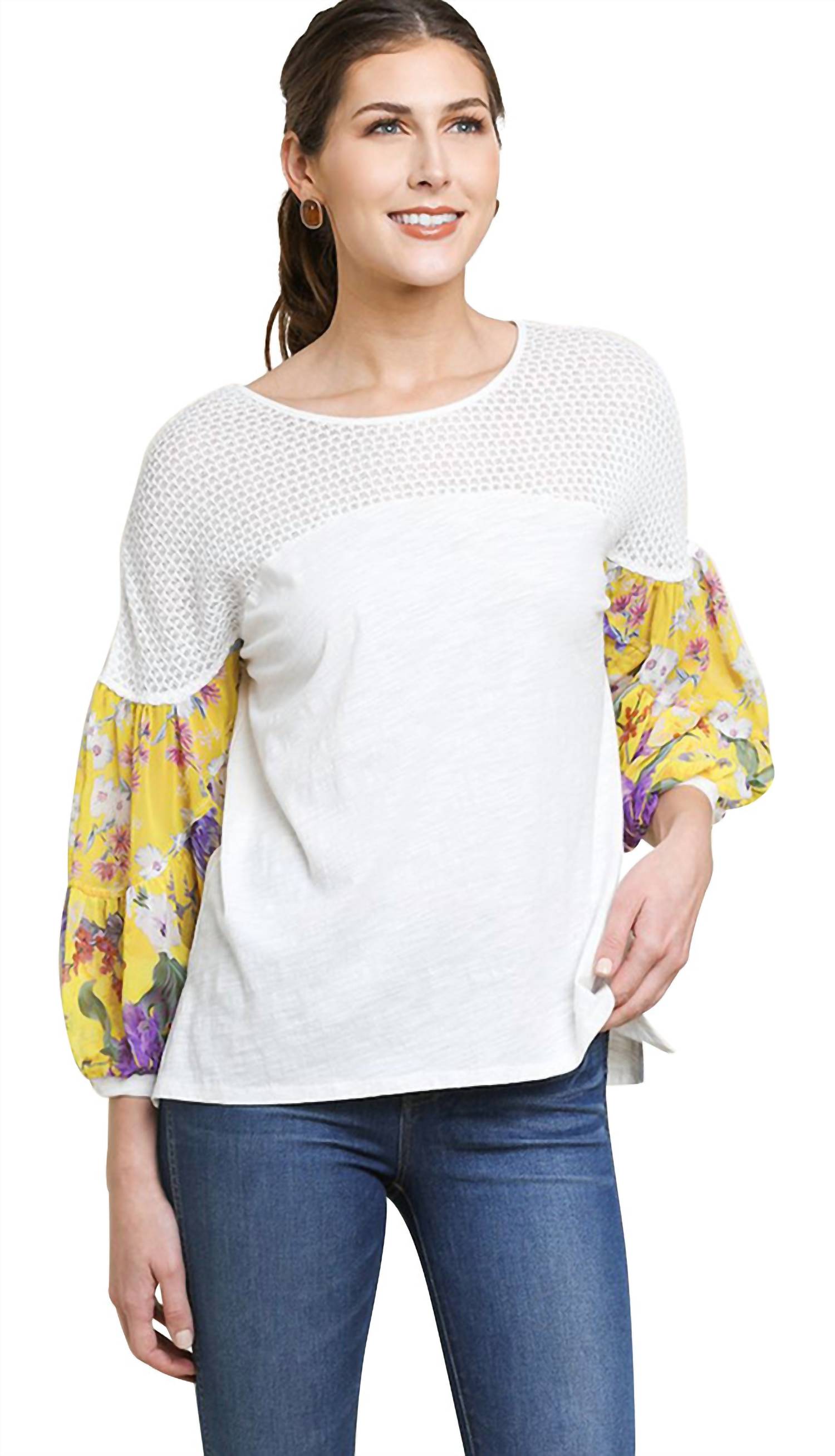 Umgee - Floral Puff Sleeve Knit Top