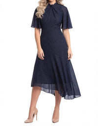 Maggy London - Metallic Chiffon Twist Mock Neck Midi Dress