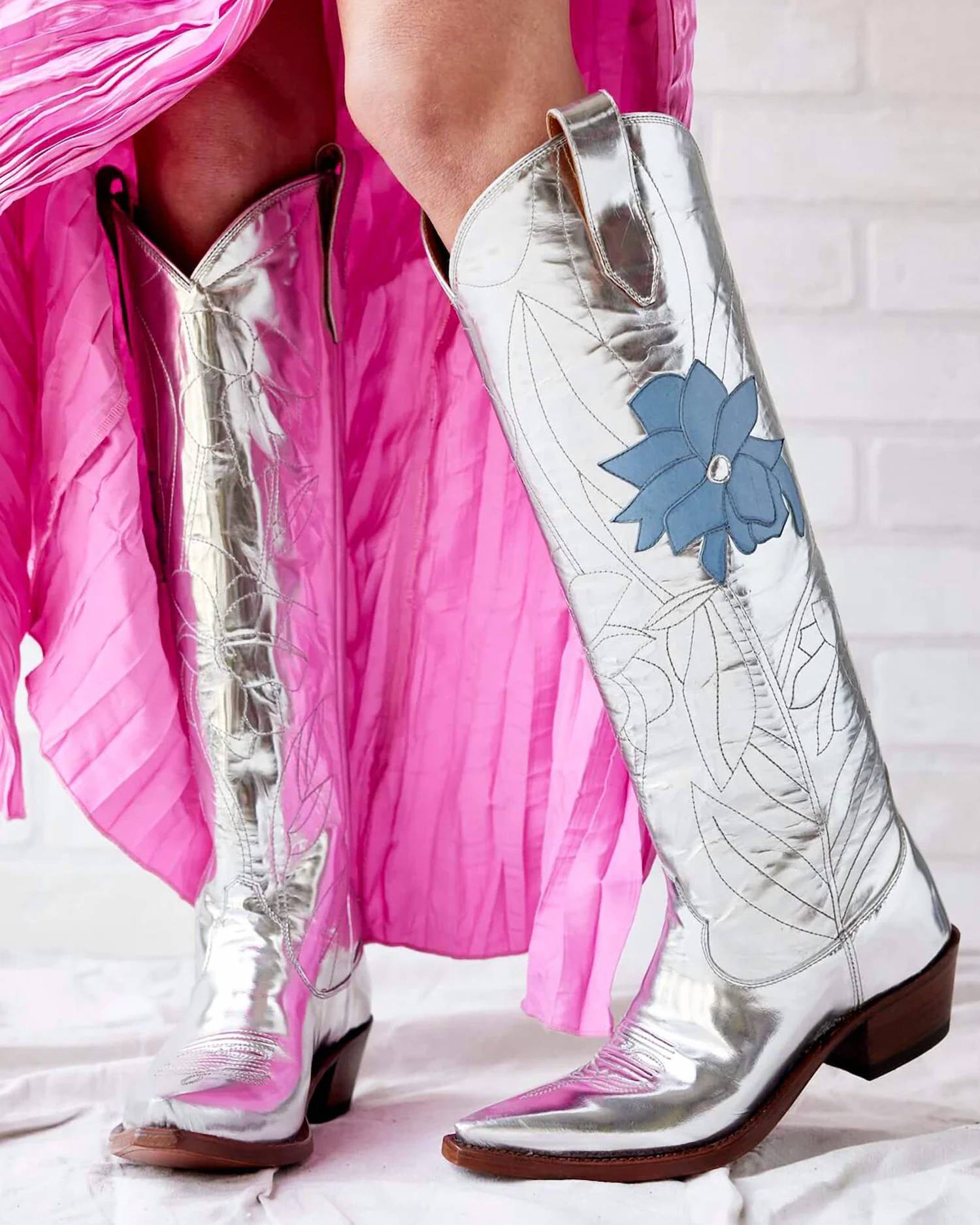 Miron Crosby - Preloved Women's Kristin Mirrored Boots With Denim Blue Leather Daffodil