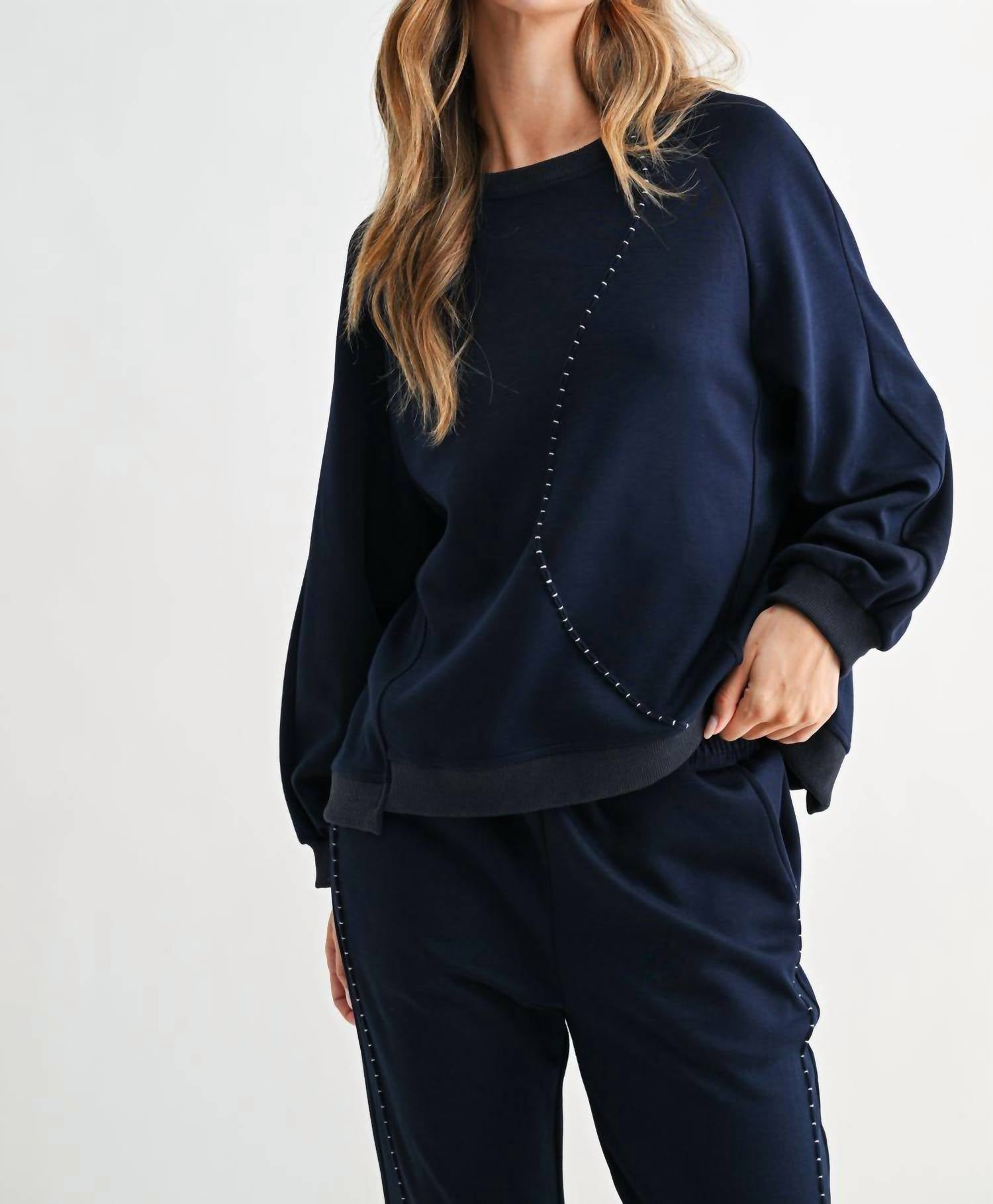 Joh Kaely Long Sleeve Pant Set in navy - women's sleepwear - detail view