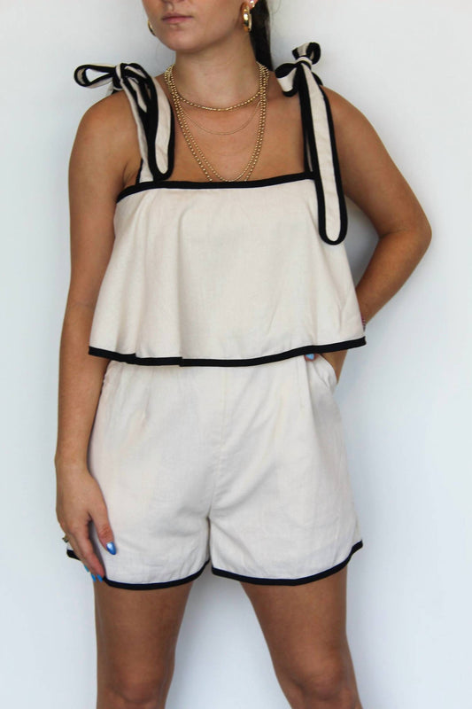 Blue Blush - Contrast Tie Shoulder Romper