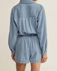 Z Supply Sully Twill Romper in lake blue - women's pants - detail view