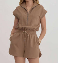 Entro - Women's Solid Ribbed Half Zip Short Sleeve Romper