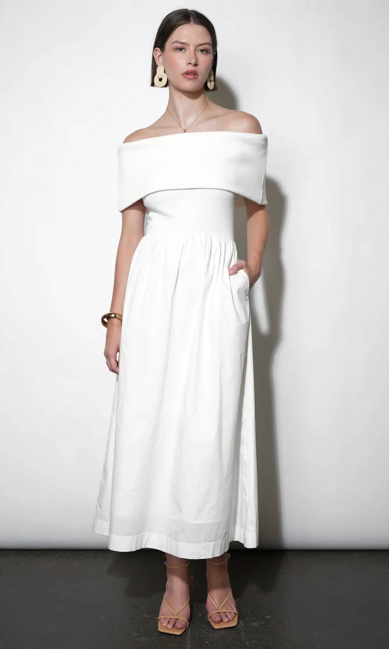 Greylin - Marjorie Mixed Media Off Shoulder Midi Dress