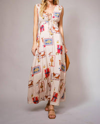 Blue B Western Motif Tie Front Maxi Dress in tan multi - women's dress