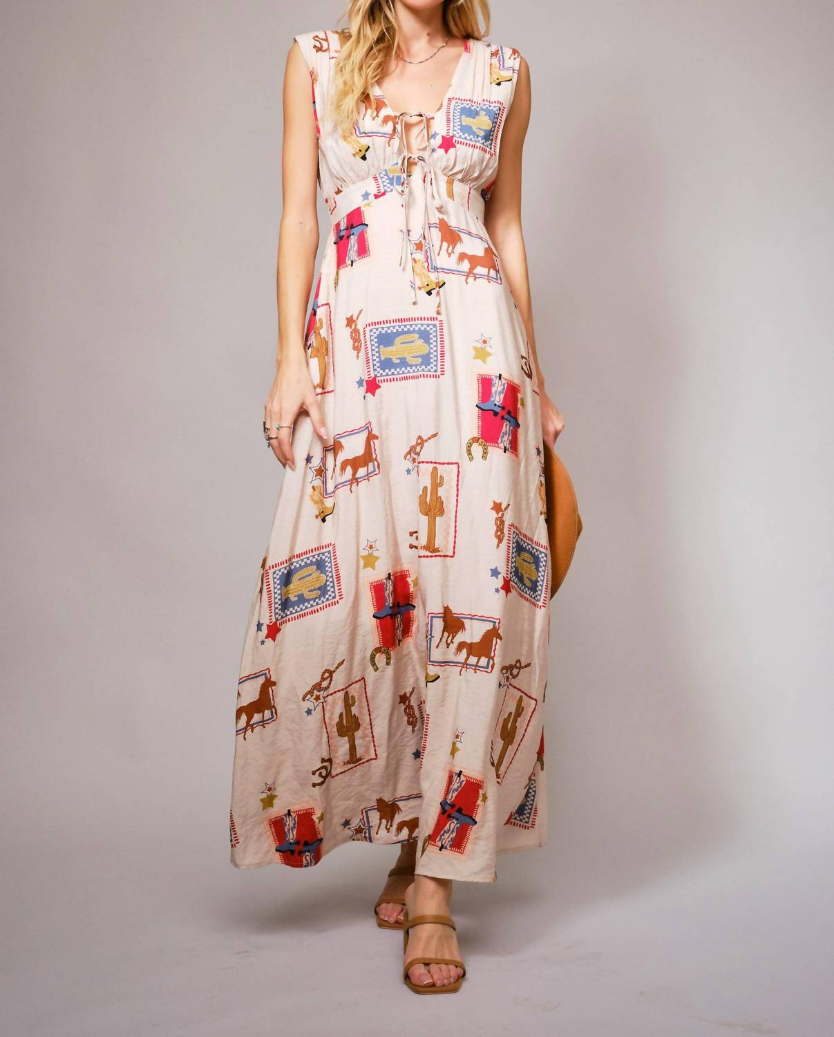 Blue B Western Motif Tie Front Maxi Dress in tan multi - women's dress