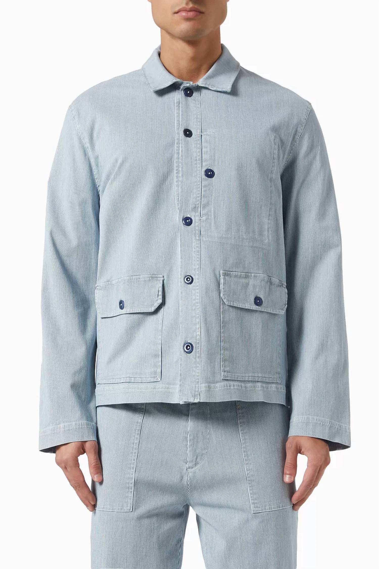 Officine Générale Men’s Gibson Striped Button-up Shirt in blue - men's jacket