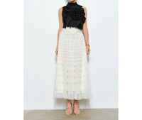 Ina Fashion - Floral Applique Pleated High-Neck Top