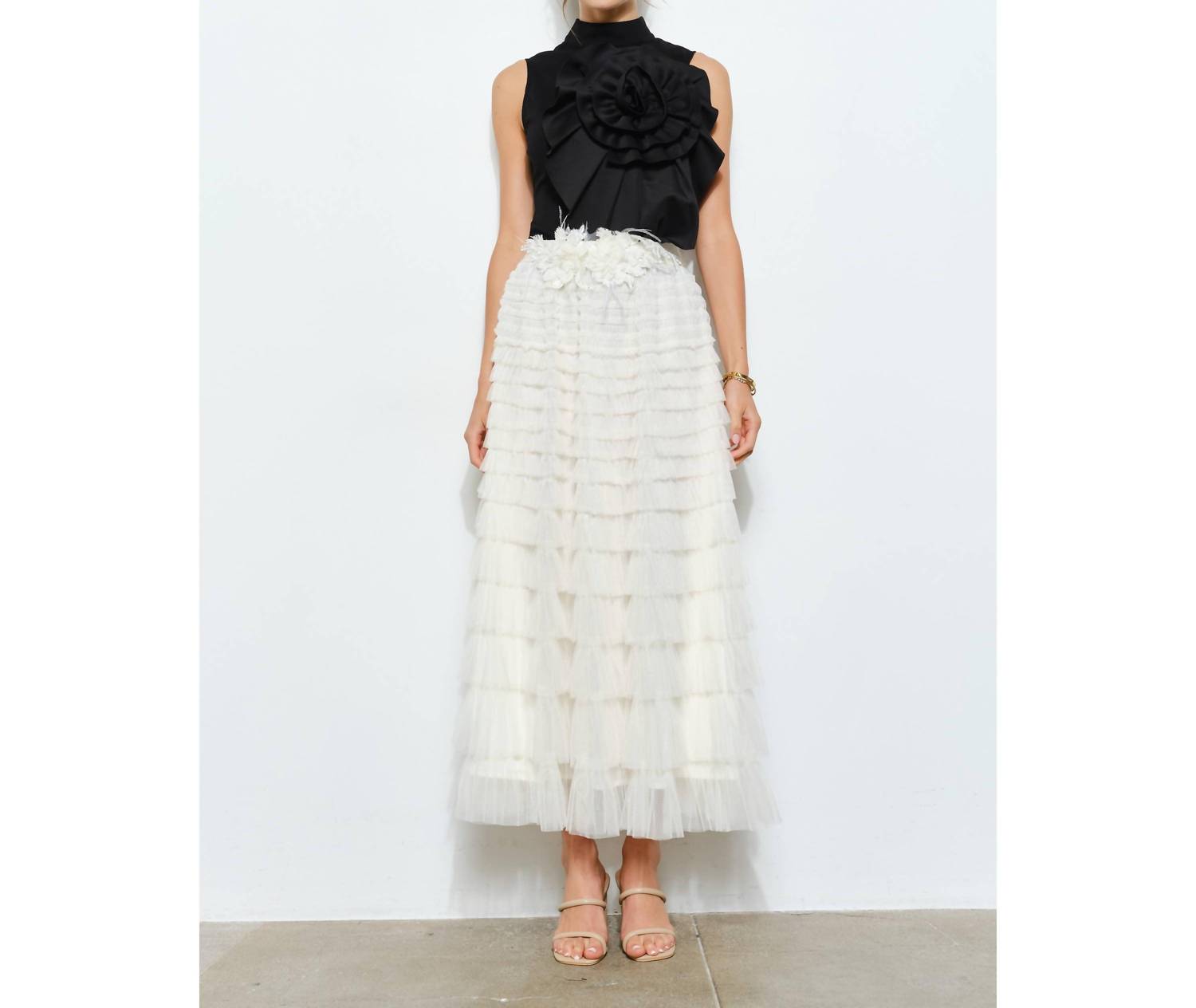 Ina Fashion - Floral Applique Pleated High-Neck Top