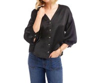 Karen Kane Lantern Sleeve Crystal Rhinestone Button Satin Top in black - women's blouse - alternate view