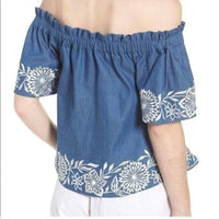 Misa Los Angeles - Nisi Embroidered Off-the-shoulder Denim Top